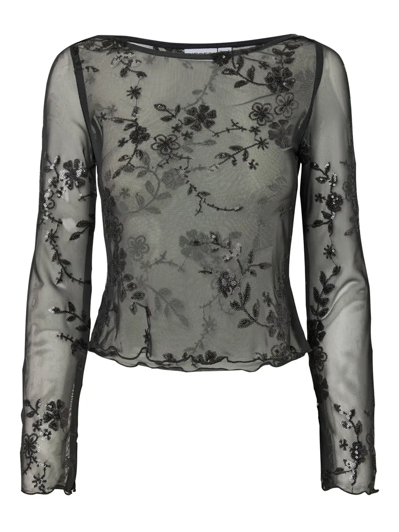 PCEVITA LS TOP JRS BC, Asphalt/Dark grey sequins