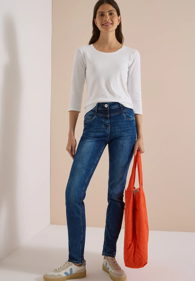 CECIL - High Waist Slim Leg Jeans im Slim Fit - Farbe: mid blue used wash