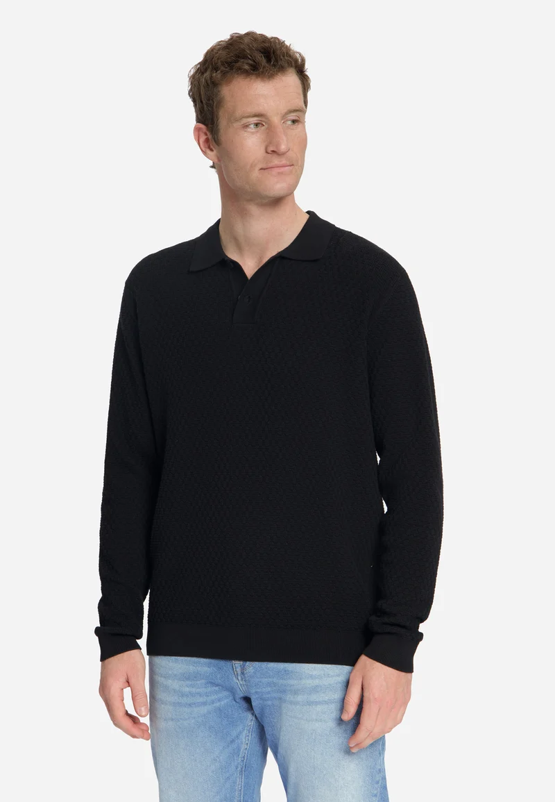 Pullover Polo Buttons Jacquard Knit, Black