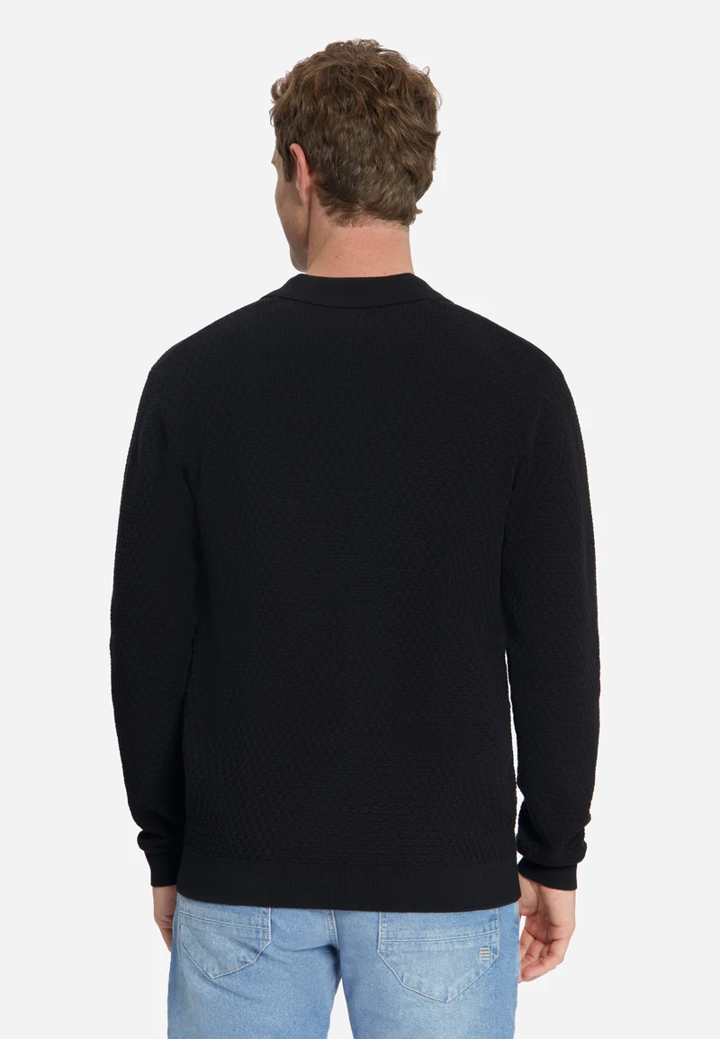 Pullover Polo Buttons Jacquard Knit, Black