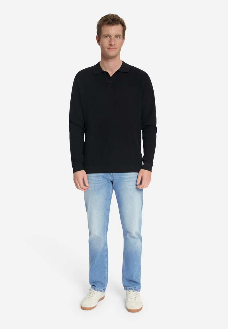 Pullover Polo Buttons Jacquard Knit, Black