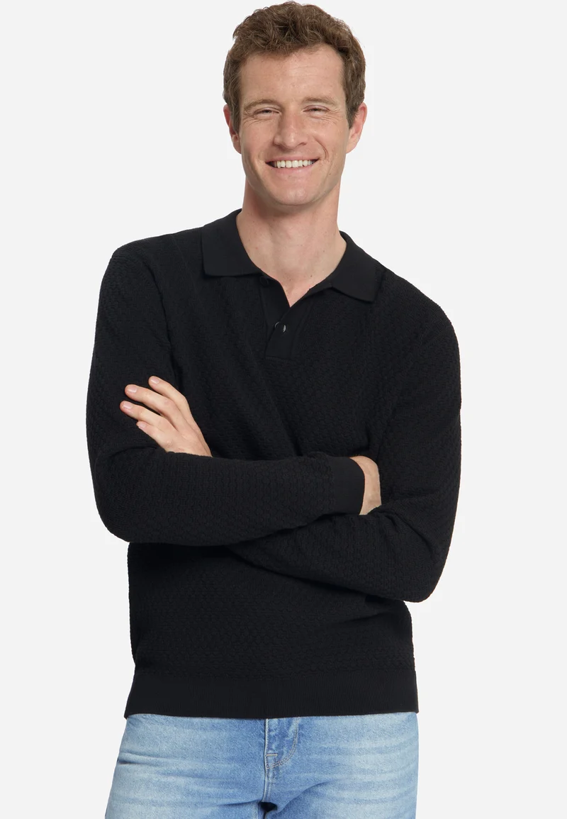 Pullover Polo Buttons Jacquard Knit, Black