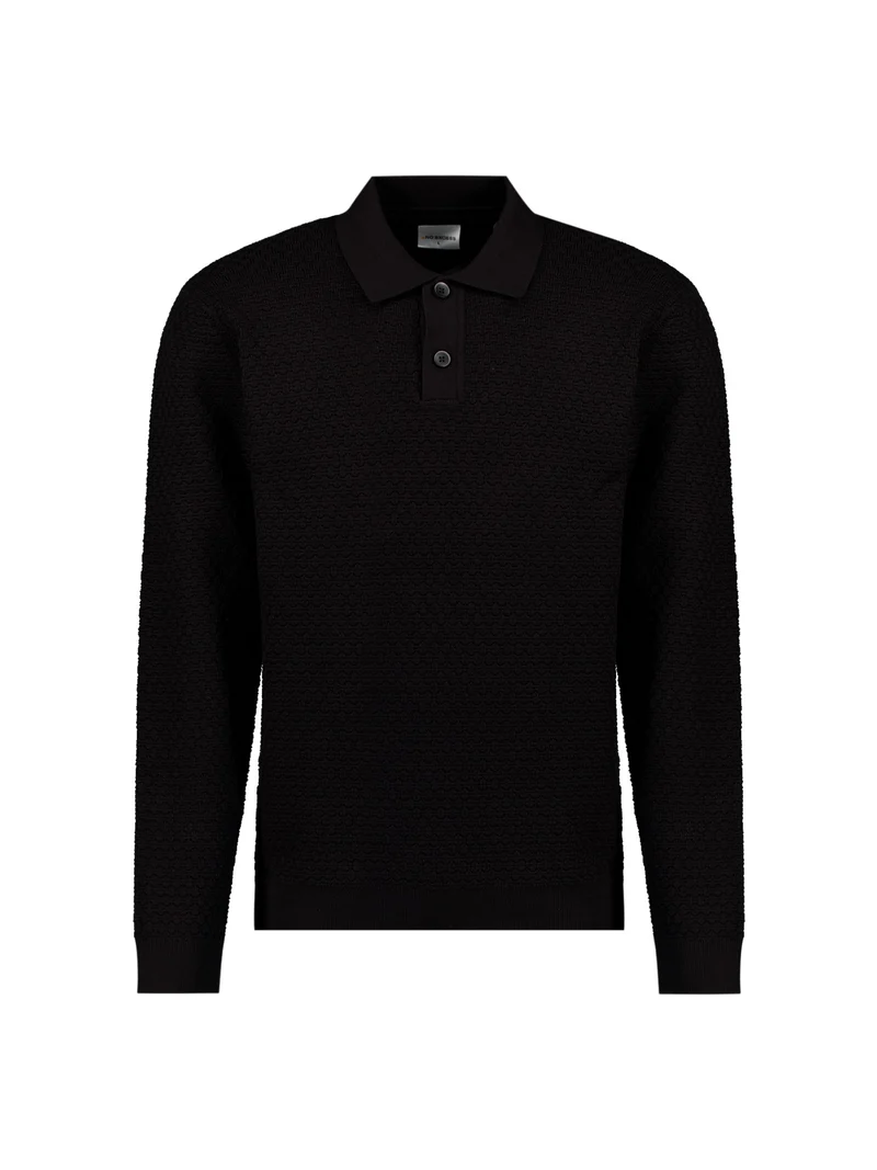 Pullover Polo Buttons Jacquard Knit, Black