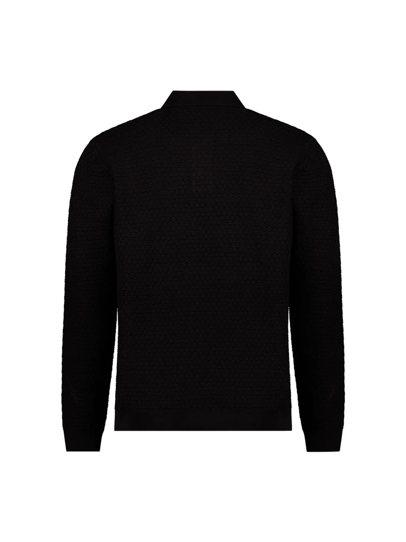 Pullover Polo Buttons Jacquard Knit, Black