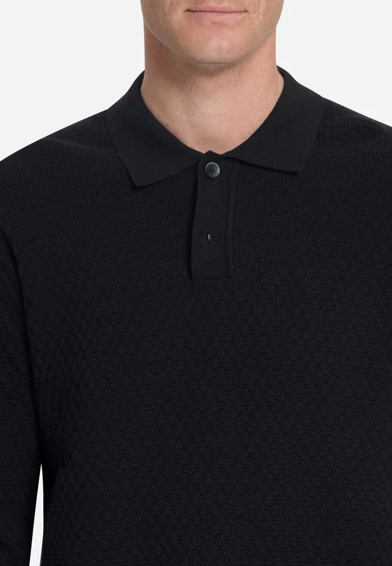 Pullover Polo Buttons Jacquard Knit, Black