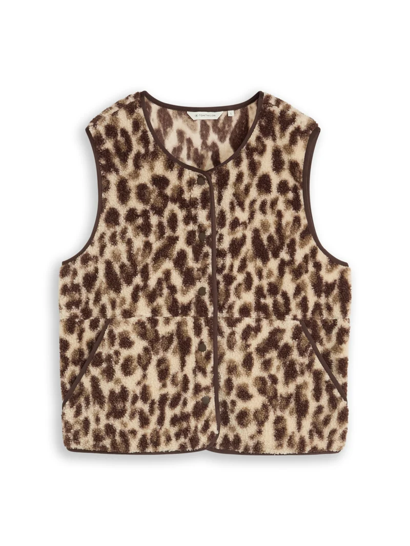 Sweatvest teddy with buttons, beige java brown leo print