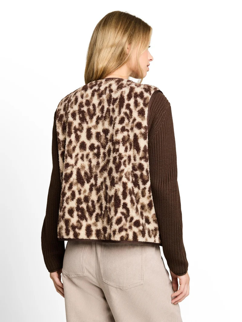 Sweatvest teddy with buttons, beige java brown leo print