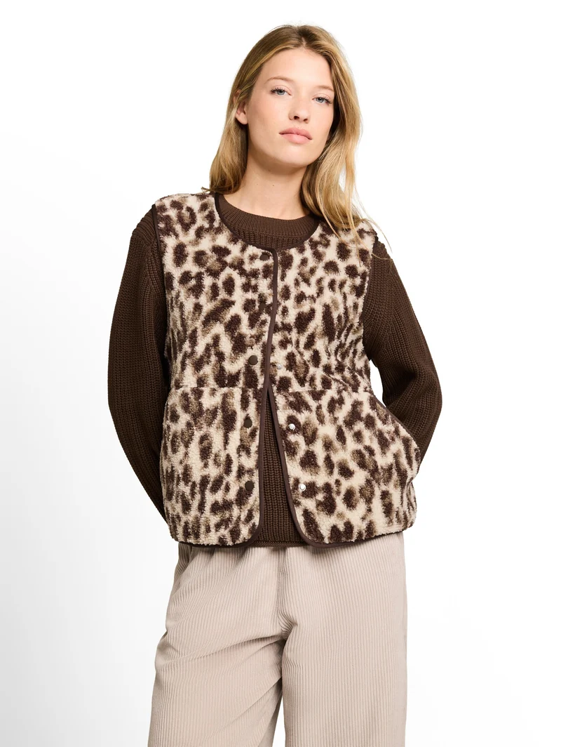 Sweatvest teddy with buttons, beige java brown leo print