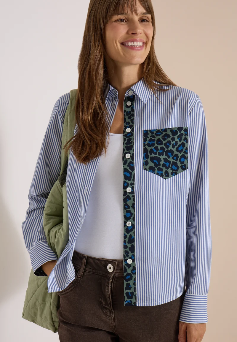 TOS Stripe Print Mix Blouse, blouse blue
