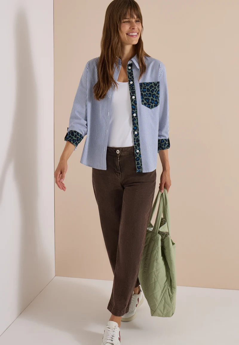 TOS Stripe Print Mix Blouse, blouse blue