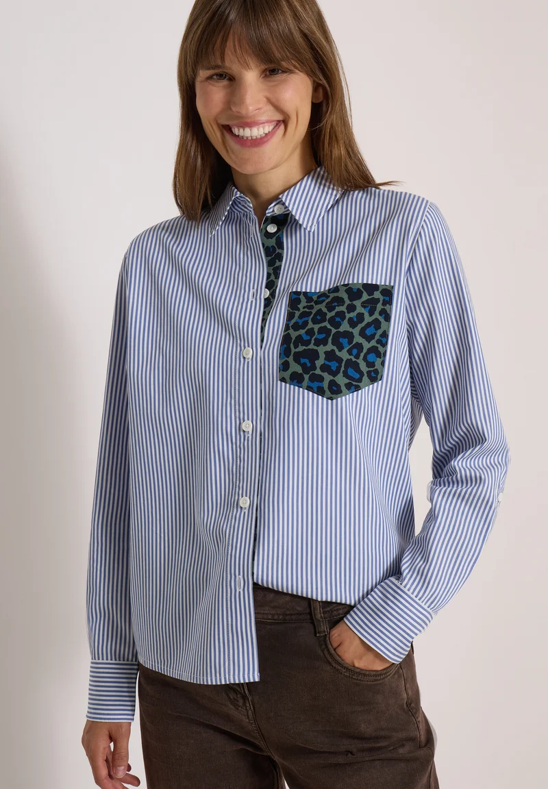 TOS Stripe Print Mix Blouse, blouse blue