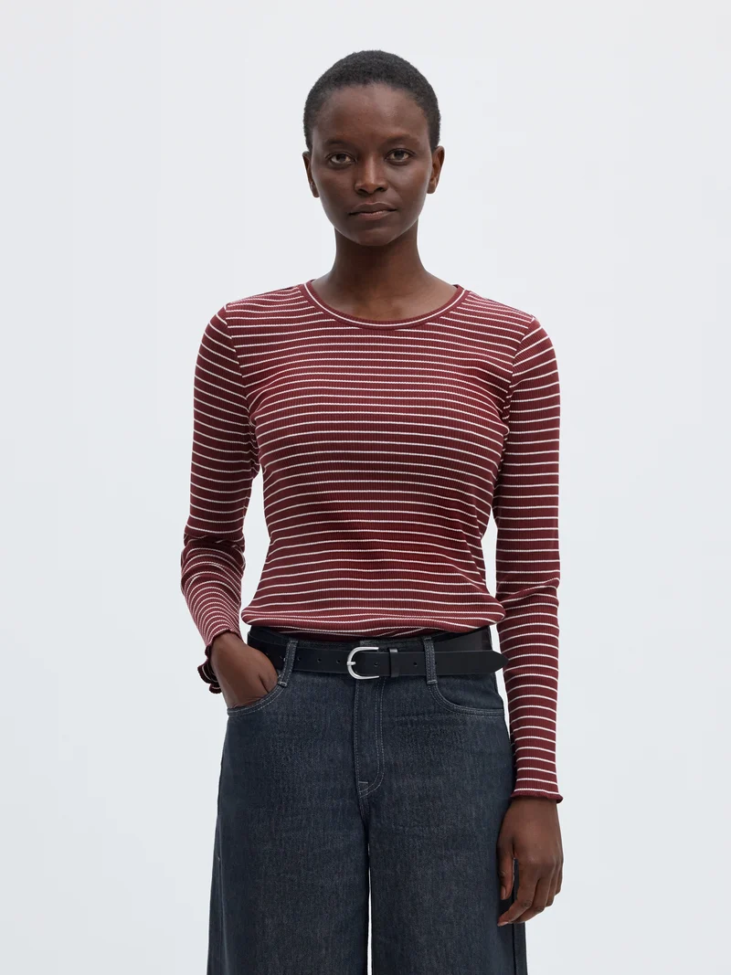 SLWANNA LS CREW NECK TEE STR NOOS, Tawny Port/W SNOW WHITE STRIPES - T
