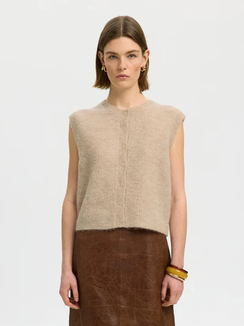 SLWLULU SL BUTTON O-NECK VEST NOOS, Birch/Melange