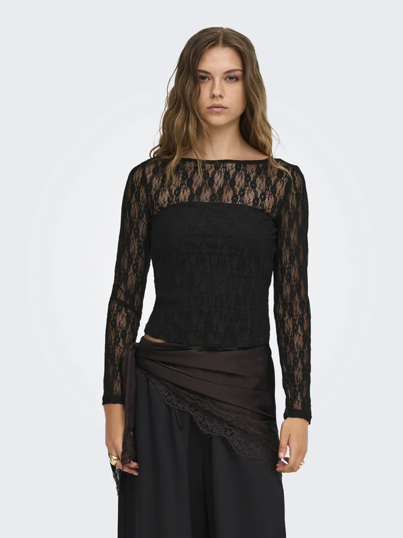 ONLNIKITA L/S BOATNECK LACE TOP BOX, Black