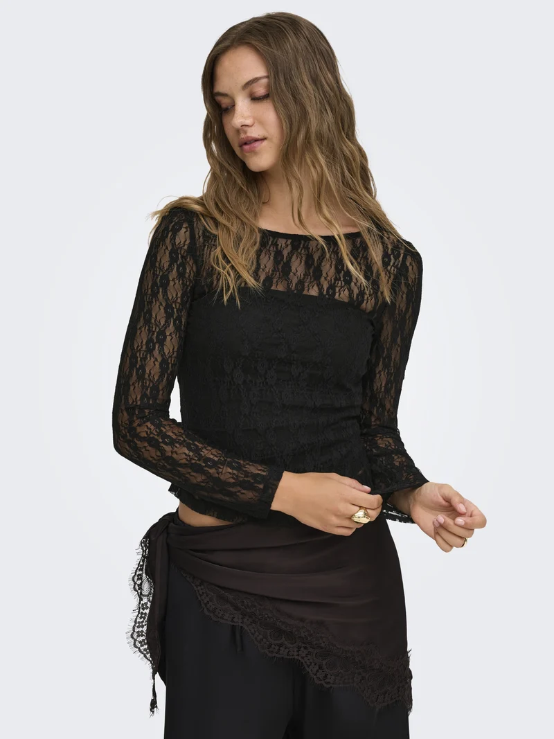 ONLNIKITA L/S BOATNECK LACE TOP BOX, Black
