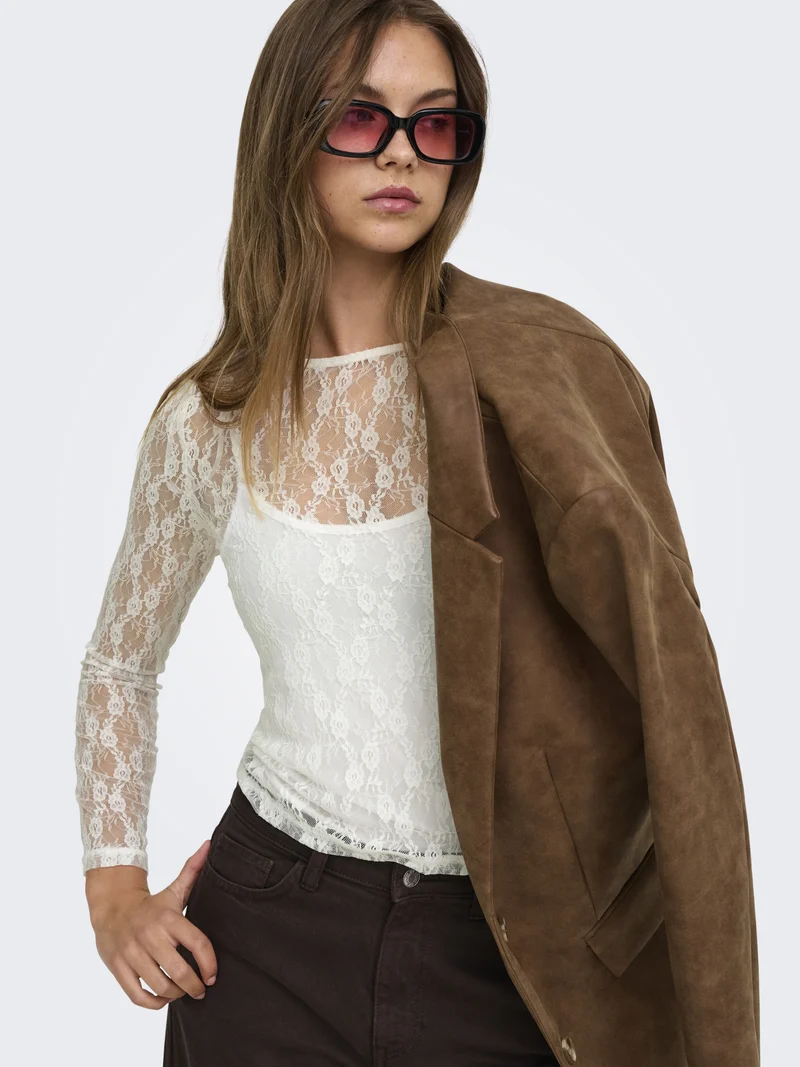 ONLNIKITA L/S BOATNECK LACE TOP BOX, Cloud Dancer