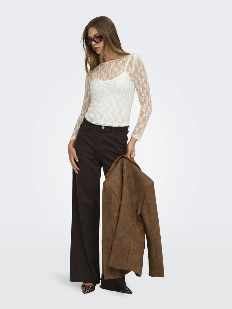 ONLNIKITA L/S BOATNECK LACE TOP BOX, Cloud Dancer