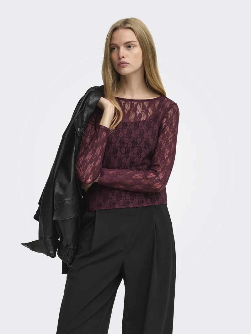ONLNIKITA L/S BOATNECK LACE TOP BOX, Decadent Chocolate