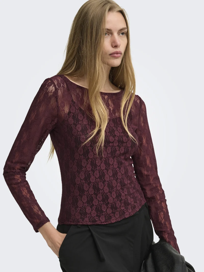 ONLNIKITA L/S BOATNECK LACE TOP BOX, Decadent Chocolate