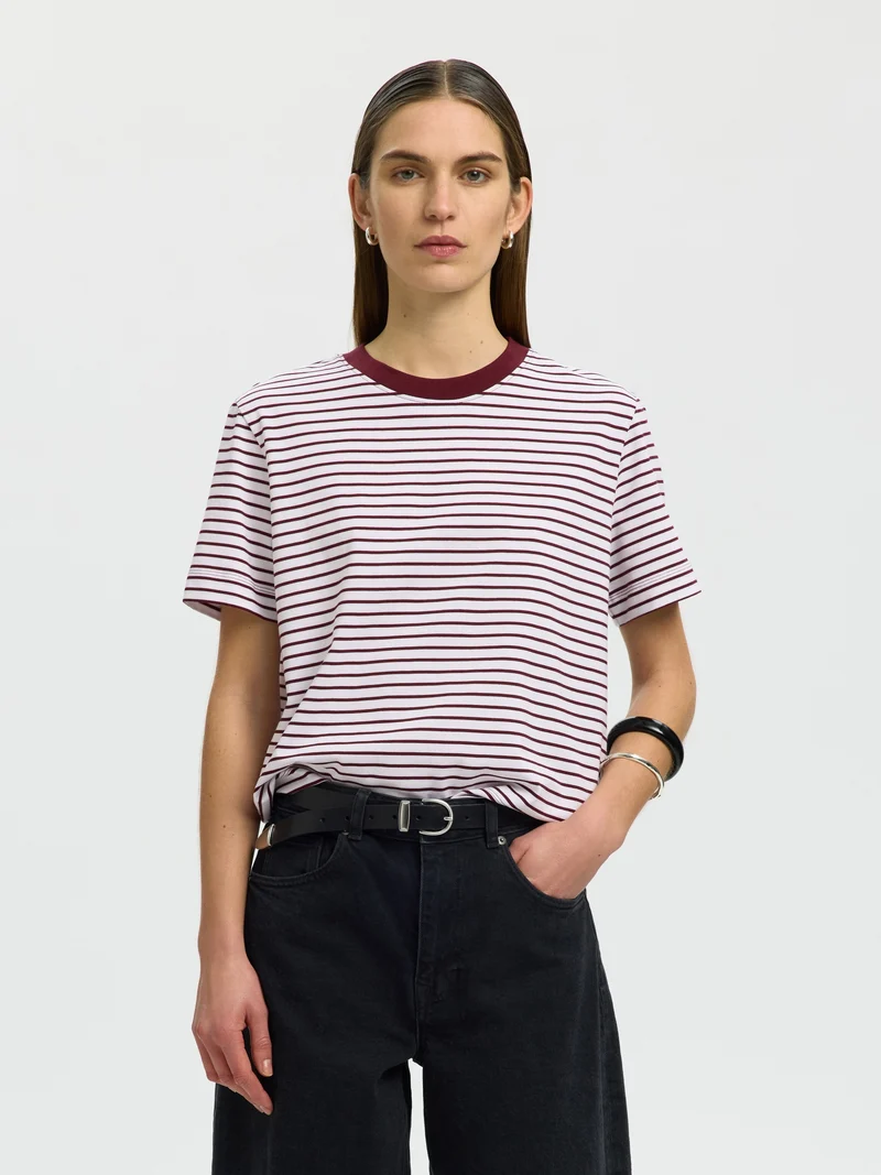 SLWESSENTIAL SS STRIPED BOXY TEE NO, Tawny Port/BRIGHT WHITE - THIN
