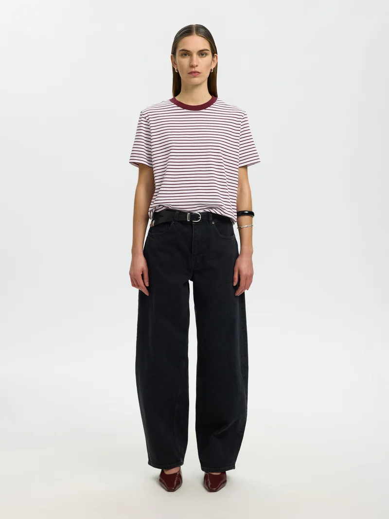 SLWESSENTIAL SS STRIPED BOXY TEE NO, Tawny Port/BRIGHT WHITE - THIN