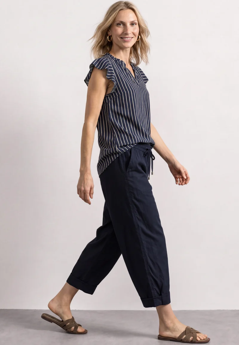 Street One - Blusenshirt mit Split Neck und Volant-Ãrmeln - Farbe: darkest blue