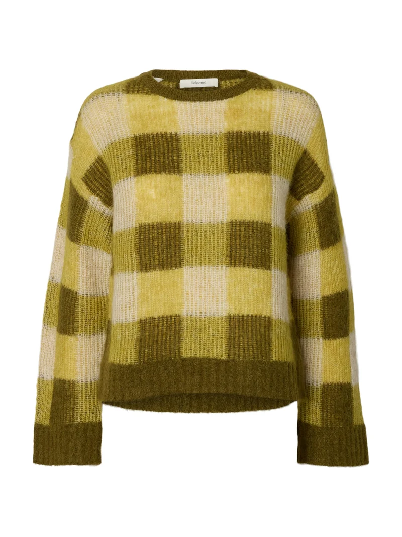 SLWLULU LOOSE LS CHECK KNIT O-NECK, Avocado Oil/Fir Green and Birch