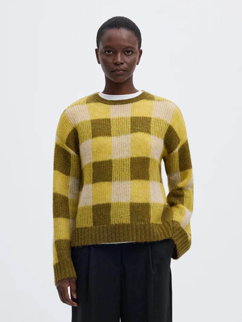 SLWLULU LOOSE LS CHECK KNIT O-NECK, Avocado Oil/Fir Green and Birch