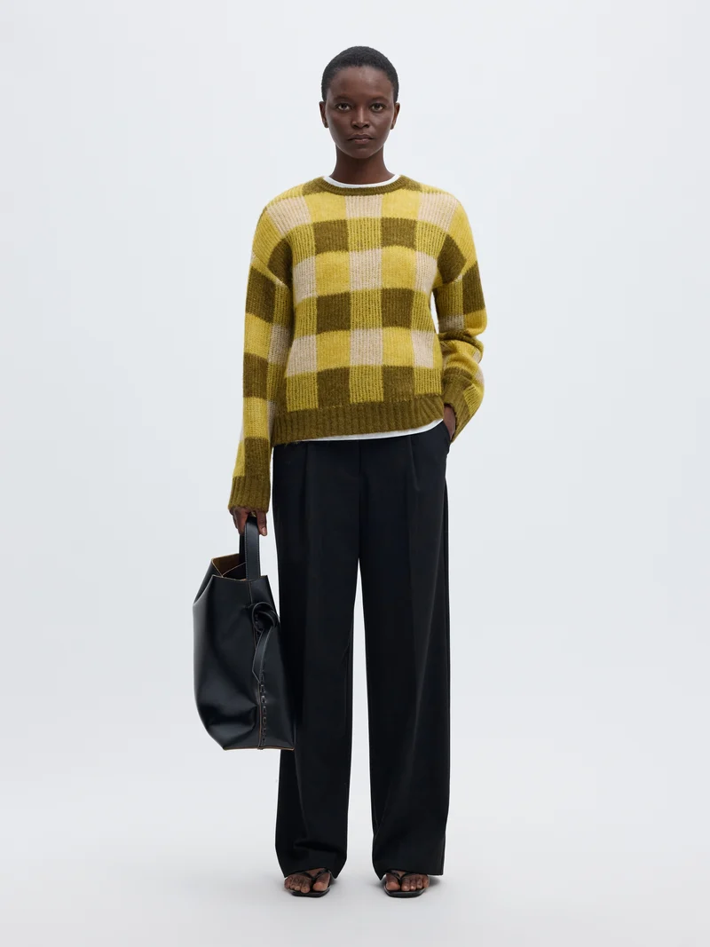 SLWLULU LOOSE LS CHECK KNIT O-NECK, Avocado Oil/Fir Green and Birch
