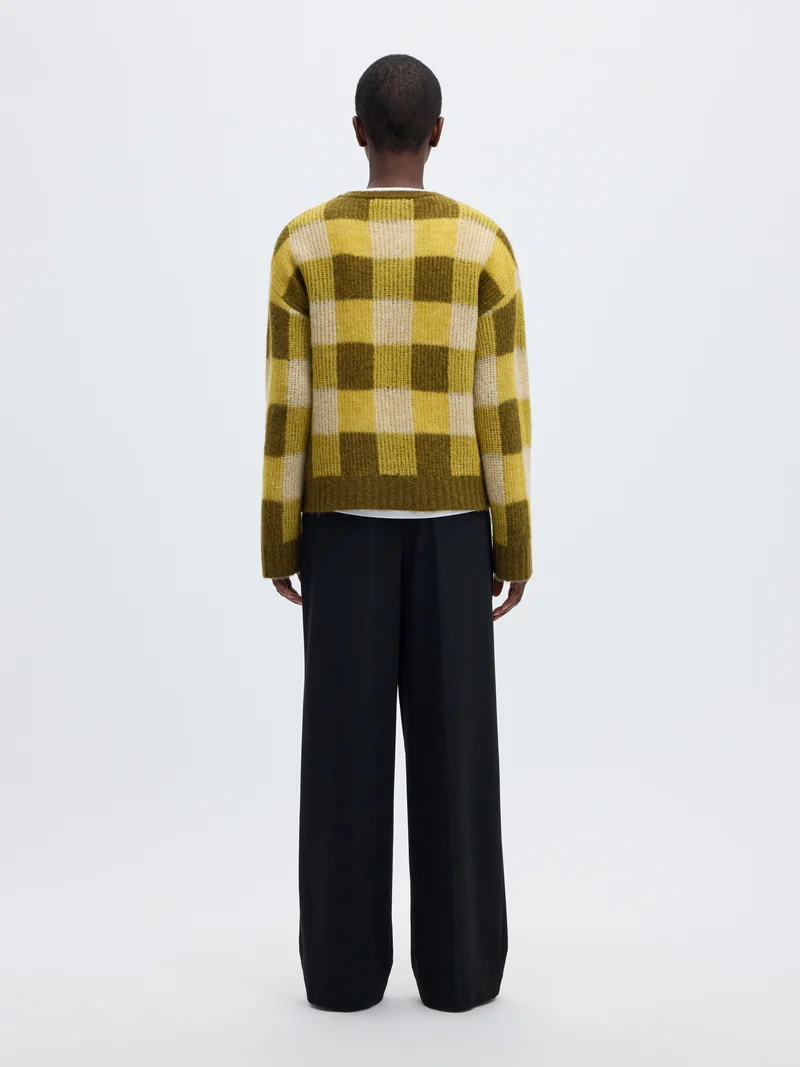 SLWLULU LOOSE LS CHECK KNIT O-NECK, Avocado Oil/Fir Green and Birch
