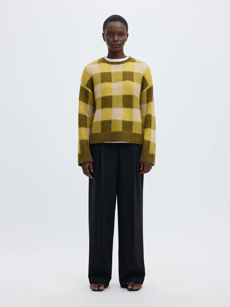 SLWLULU LOOSE LS CHECK KNIT O-NECK, Avocado Oil/Fir Green and Birch