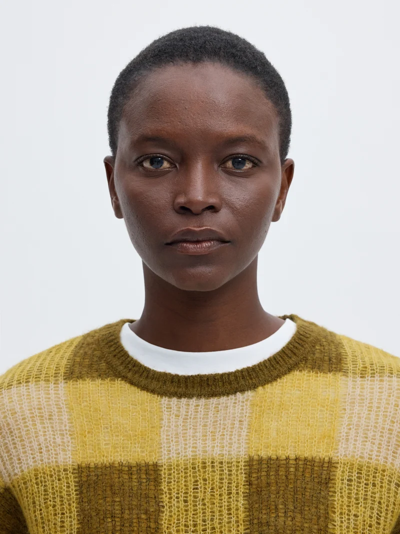 SLWLULU LOOSE LS CHECK KNIT O-NECK, Avocado Oil/Fir Green and Birch