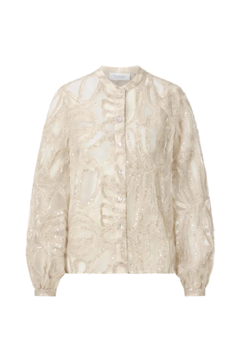 Blouse with Shiny Wool Chiffon, pearl white