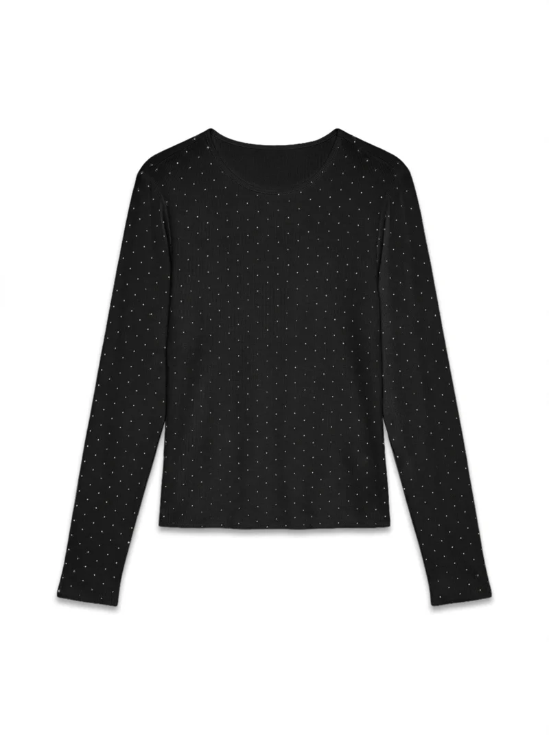 VMNORMA L/S O-NECK TOP JRS BTQ, Black/SILVER RHINESTONES