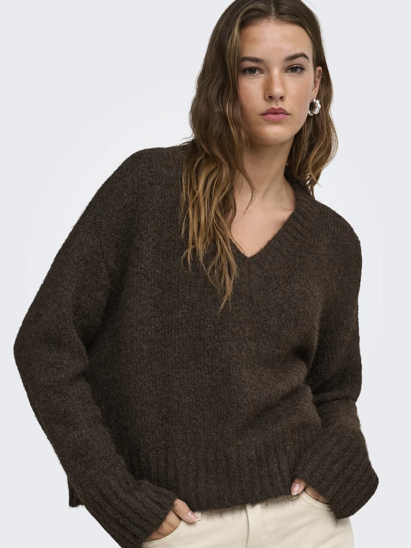 ONLFIONA LS LOOSE V-NECK KNT, Coffee Bean/Melange