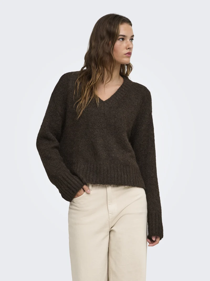 ONLFIONA LS LOOSE V-NECK KNT, Coffee Bean/Melange
