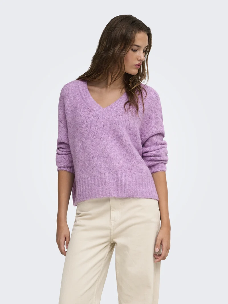 ONLFIONA LS LOOSE V-NECK KNT, Violet Tulle/Melange