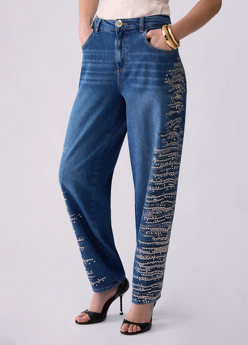 Straight jeans with jewel embroidery