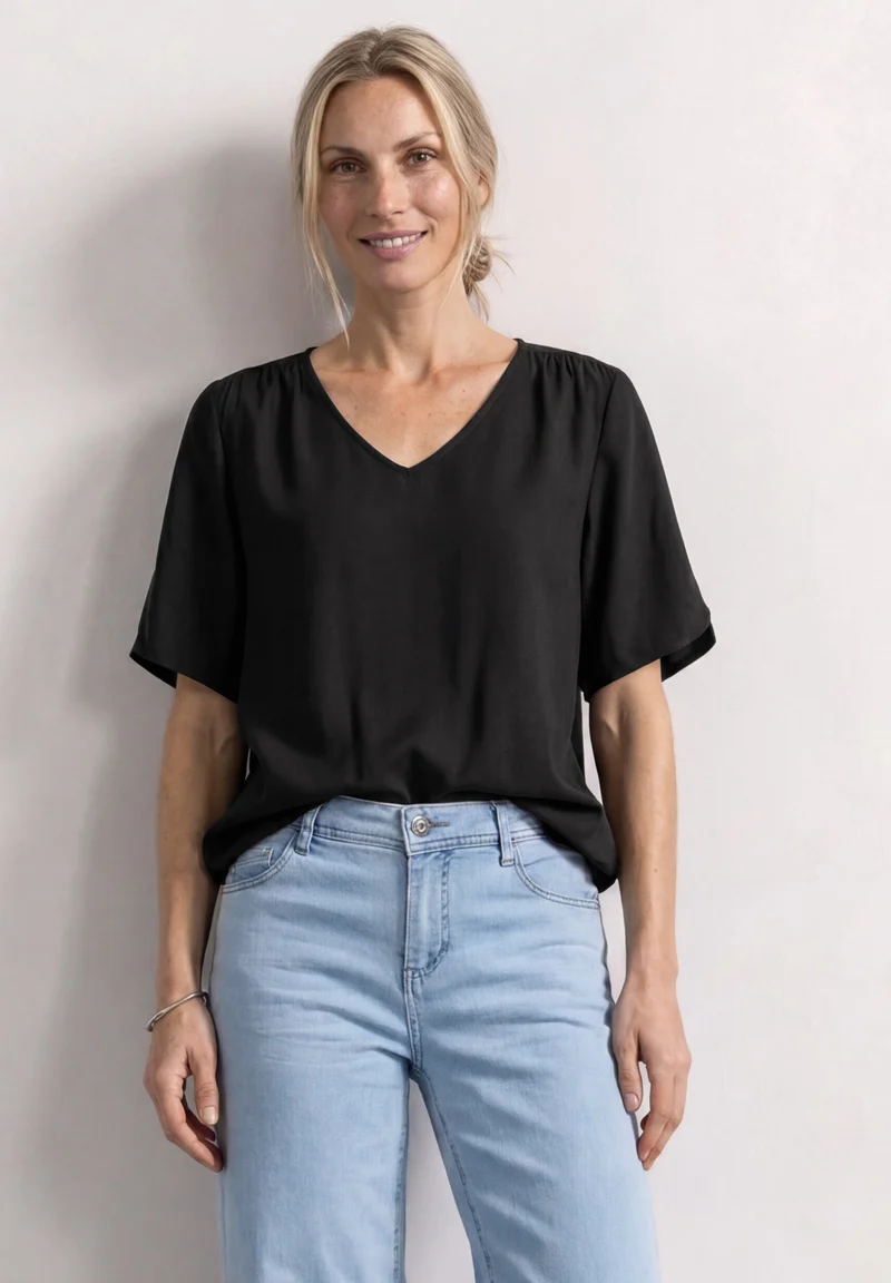 Street One - Kurzarm Blusenshirt mit V-Neck - Farbe: Black