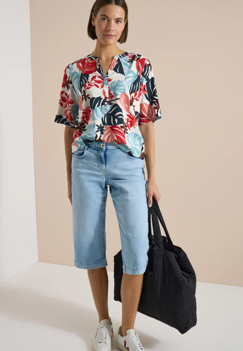 CECIL - Kurzarm Bluse mit Split Neck - Farbe: light alabaster white