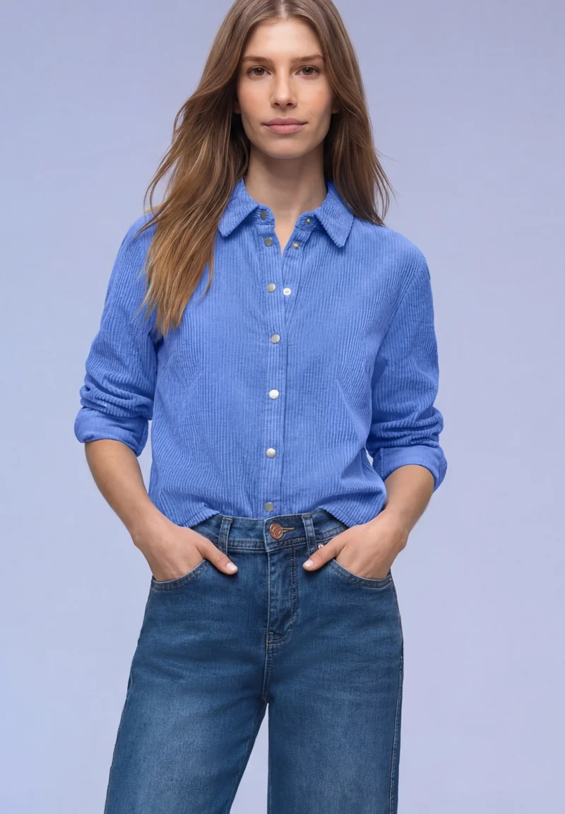 QR Corduroy shirtcollar blouse, bonnet blue