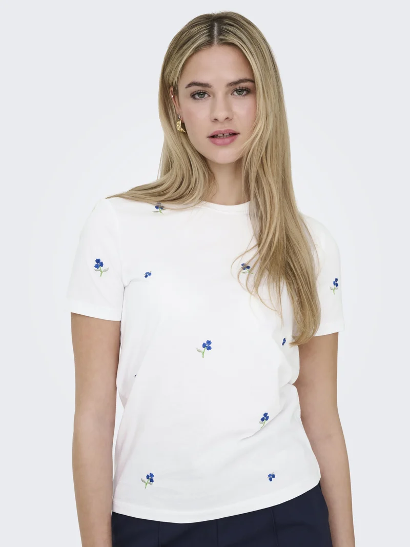 ONLKETTY S/S O-NECK TOP JRS NOOS, Bright White/True blue flowers