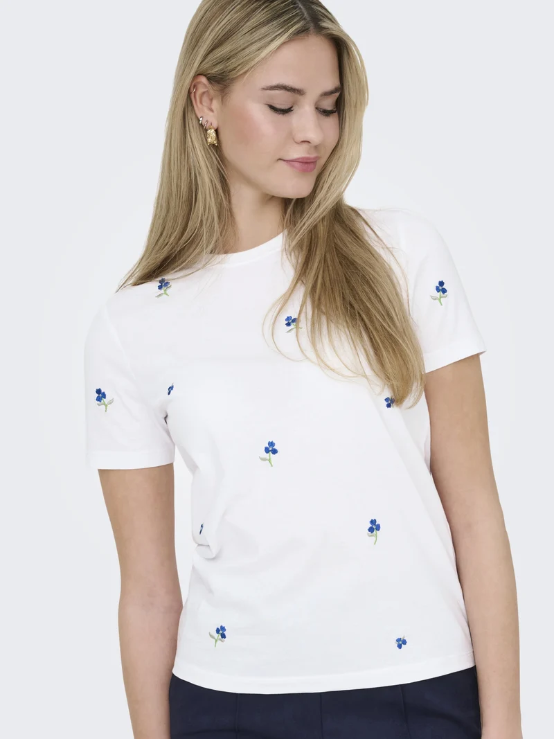 ONLKETTY S/S O-NECK TOP JRS NOOS, Bright White/True blue flowers