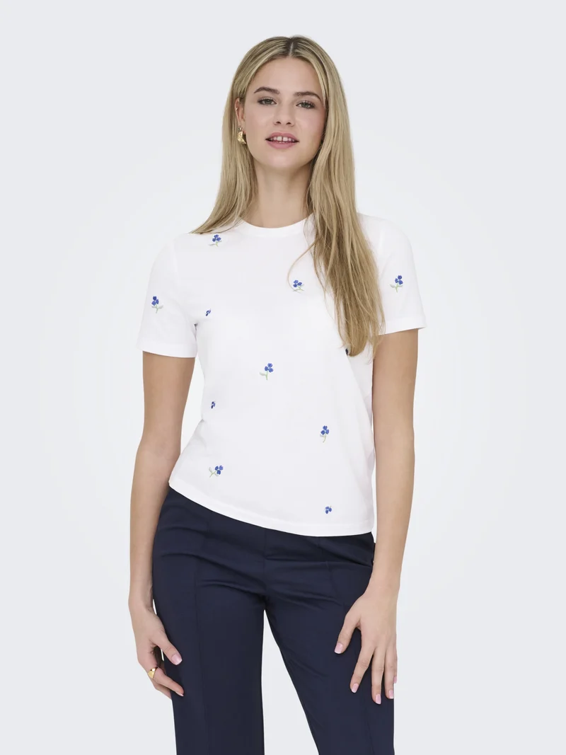 ONLKETTY S/S O-NECK TOP JRS NOOS, Bright White/True blue flowers