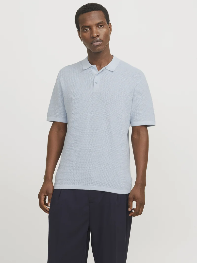 JJEGEORGE KNIT POLO SS SN, Chambray Blue/w. Cloud Dancer