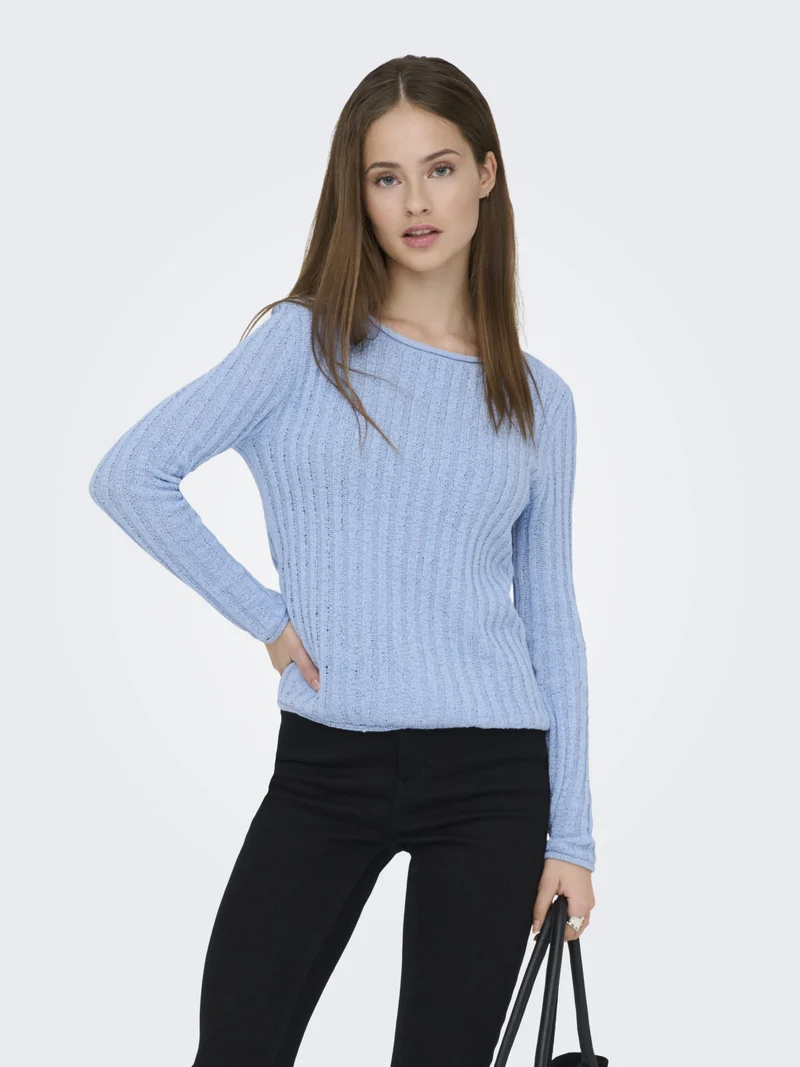 ONLPAMELA LS RIB O-NECK PULLOVER CC, Soft Chambray