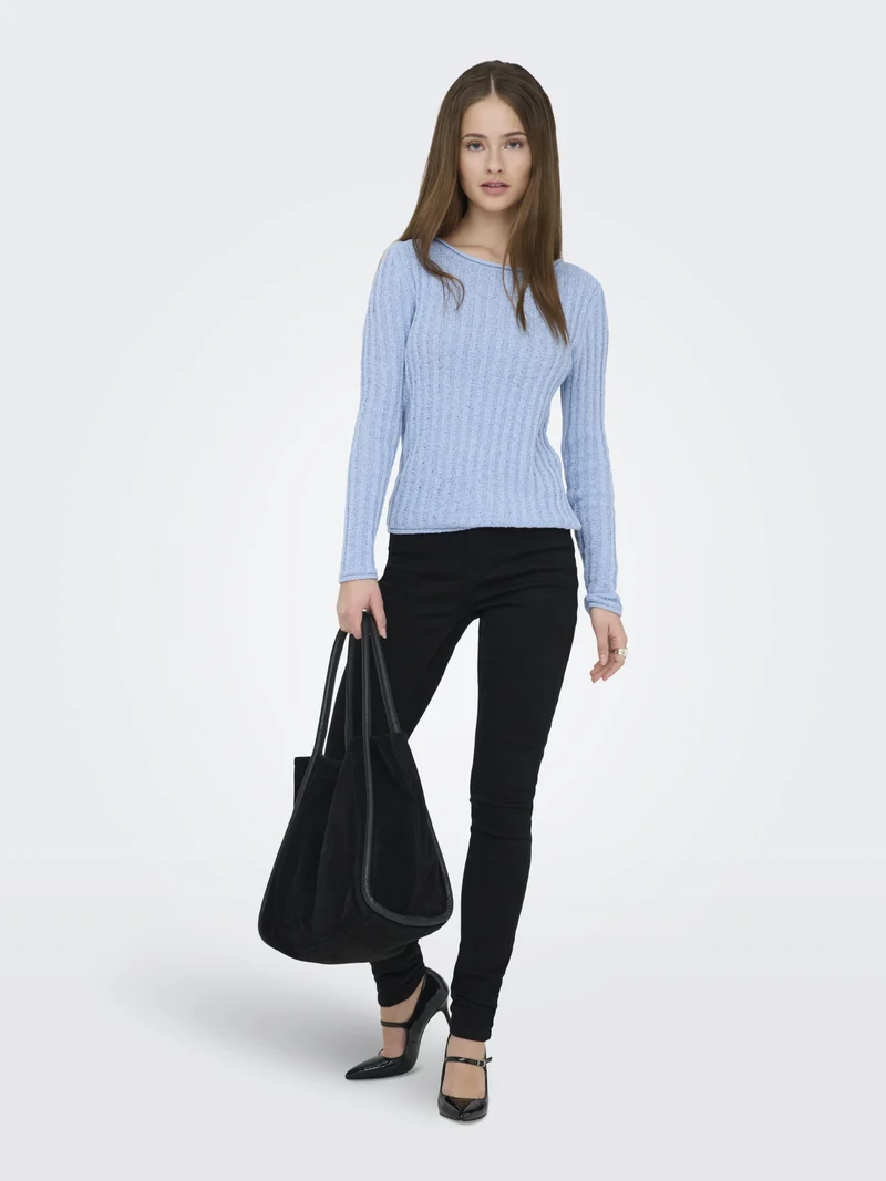 ONLPAMELA LS RIB O-NECK PULLOVER CC, Soft Chambray