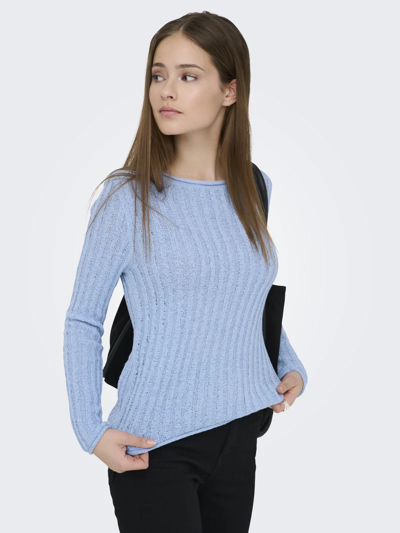 ONLPAMELA LS RIB O-NECK PULLOVER CC, Soft Chambray