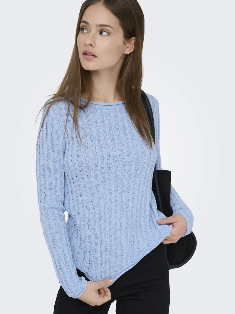 ONLPAMELA LS RIB O-NECK PULLOVER CC, Soft Chambray