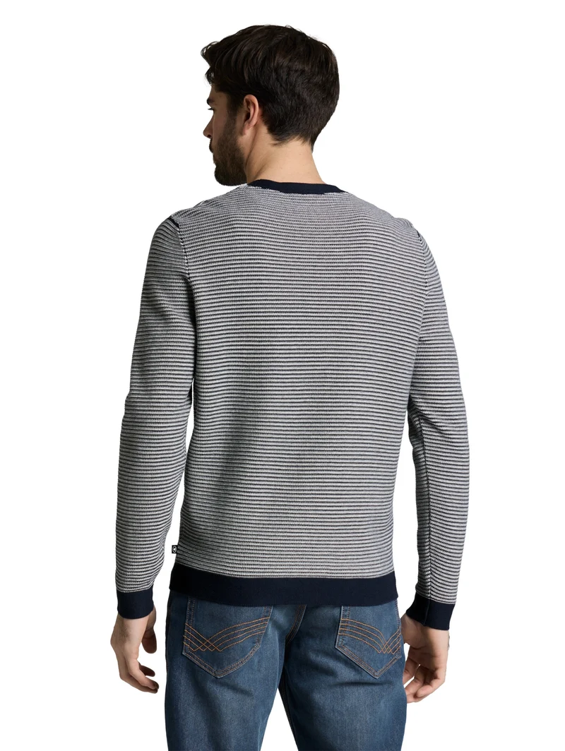 striped crew neck pullover, structured stripe navy white